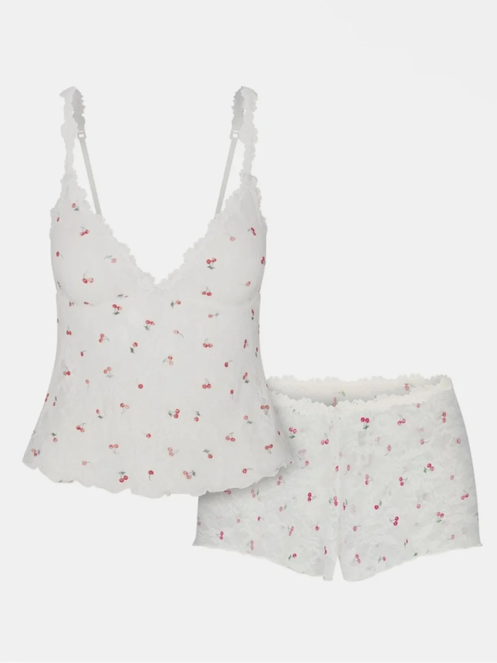🍒SKIMS STRETCH LACE TRIANGLE CAMI AND SHORTS SET IVORY CHERRY PRINT M